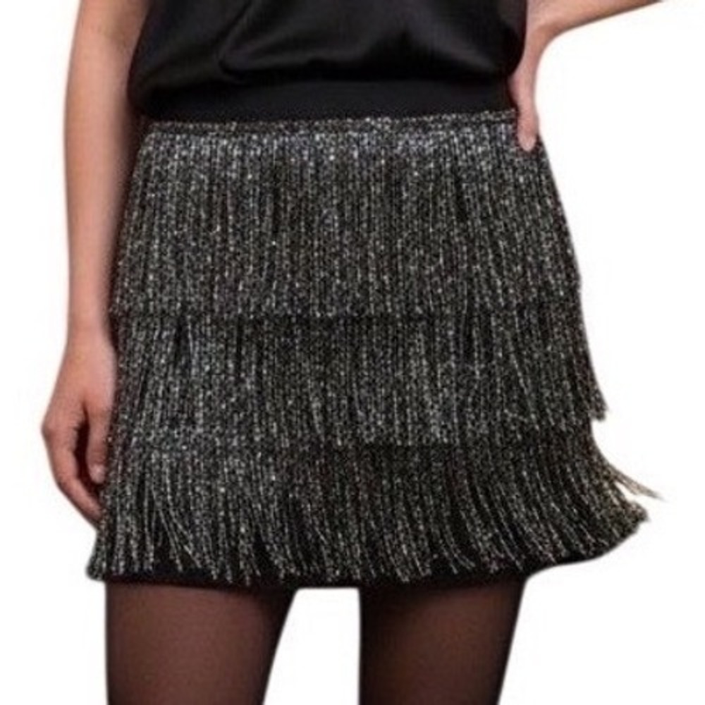 White Fox Mini Skirt Tiered Black Shimmer Fringe ~ Party Festival Date Night L